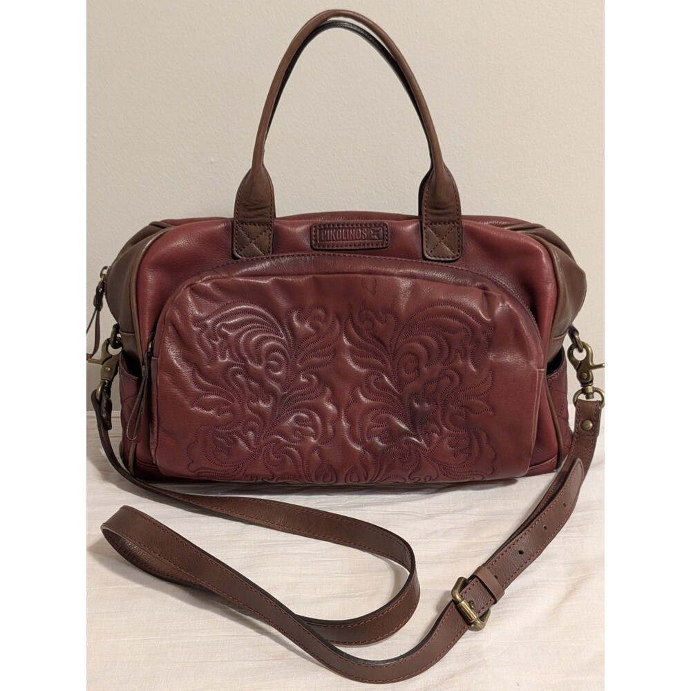 PIKOLINOS Burgundy Embossed Floral Satchel Zip Lined Detachable Strap Bronze